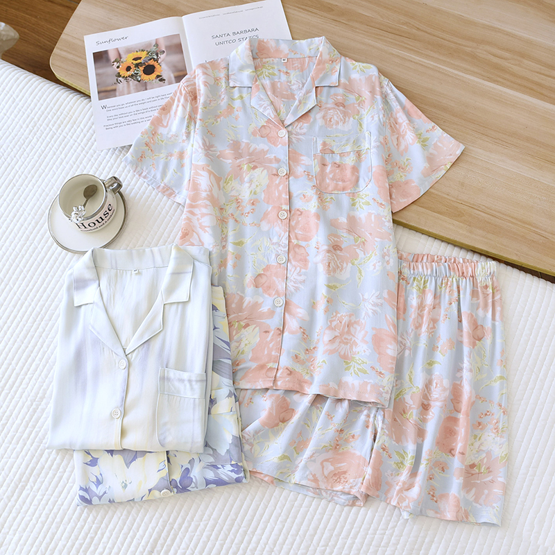 Women's summer pajama set with collar, short sleeved shorts, home wear, satin soft, comfortable and cool pajama set
