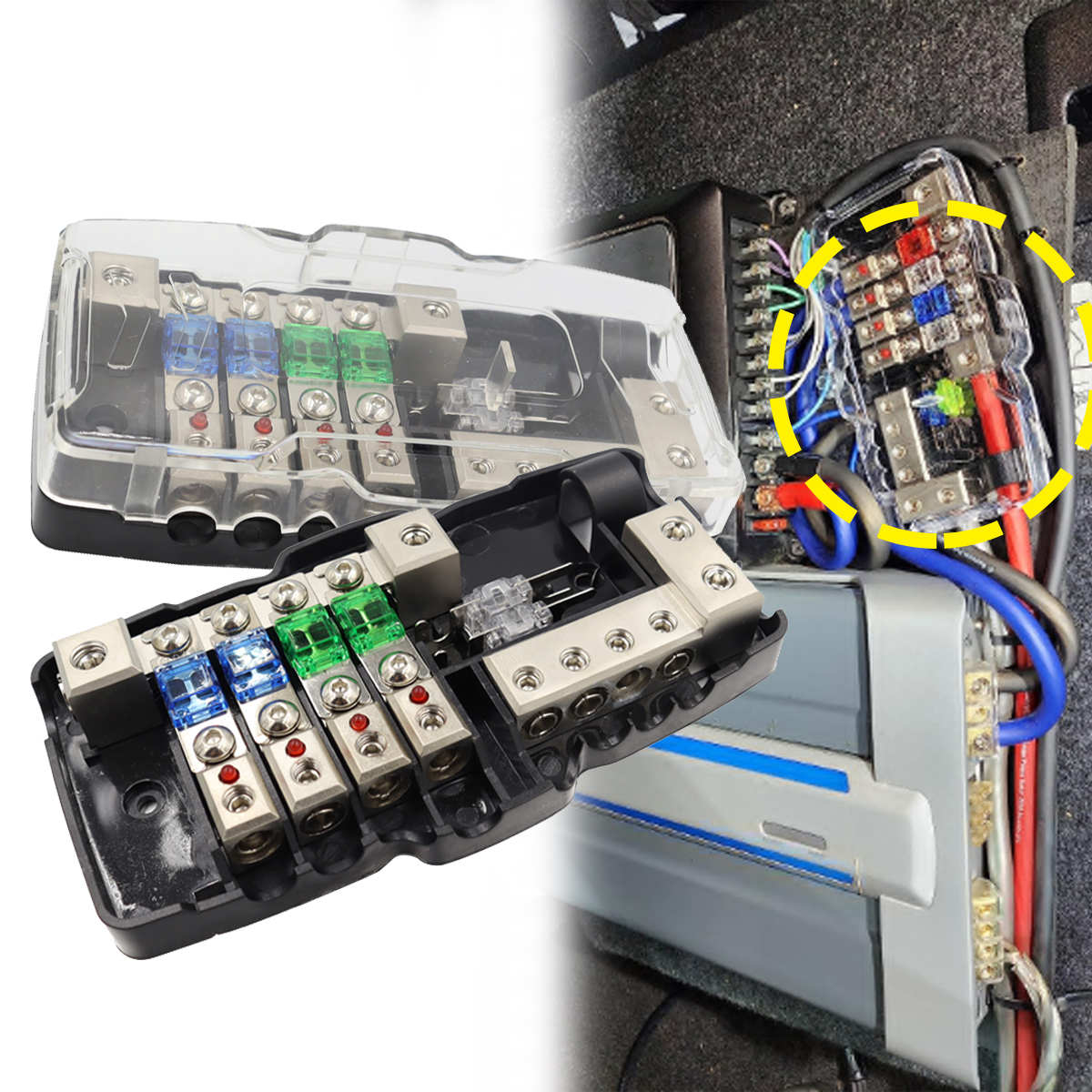 Multi functional fuse box with LED light (four-way fuse 30A/60A+two in four out junction box+2 spare fuses 80A)