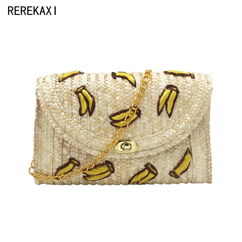 Wheat Straw Woven Women Shoulder Bag Bohemian Summer Beach Bags Cherry Banana Female Messenger Clutch Chain Flap Crossbody Bag 250624