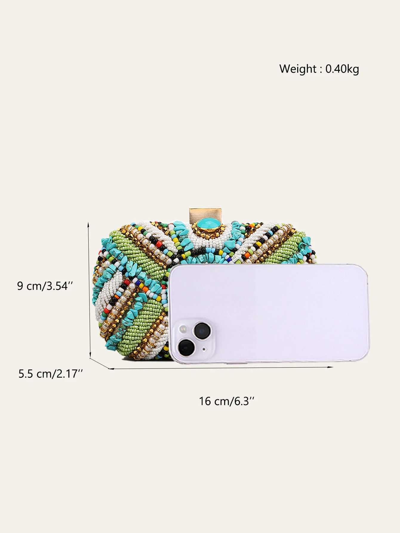 Womens Glamorous Luxury Colorful Beads Pearls Clutch Metal Frame Case Evening Bag Long Chain Purse Party Holiday Travel Tribal M250625
