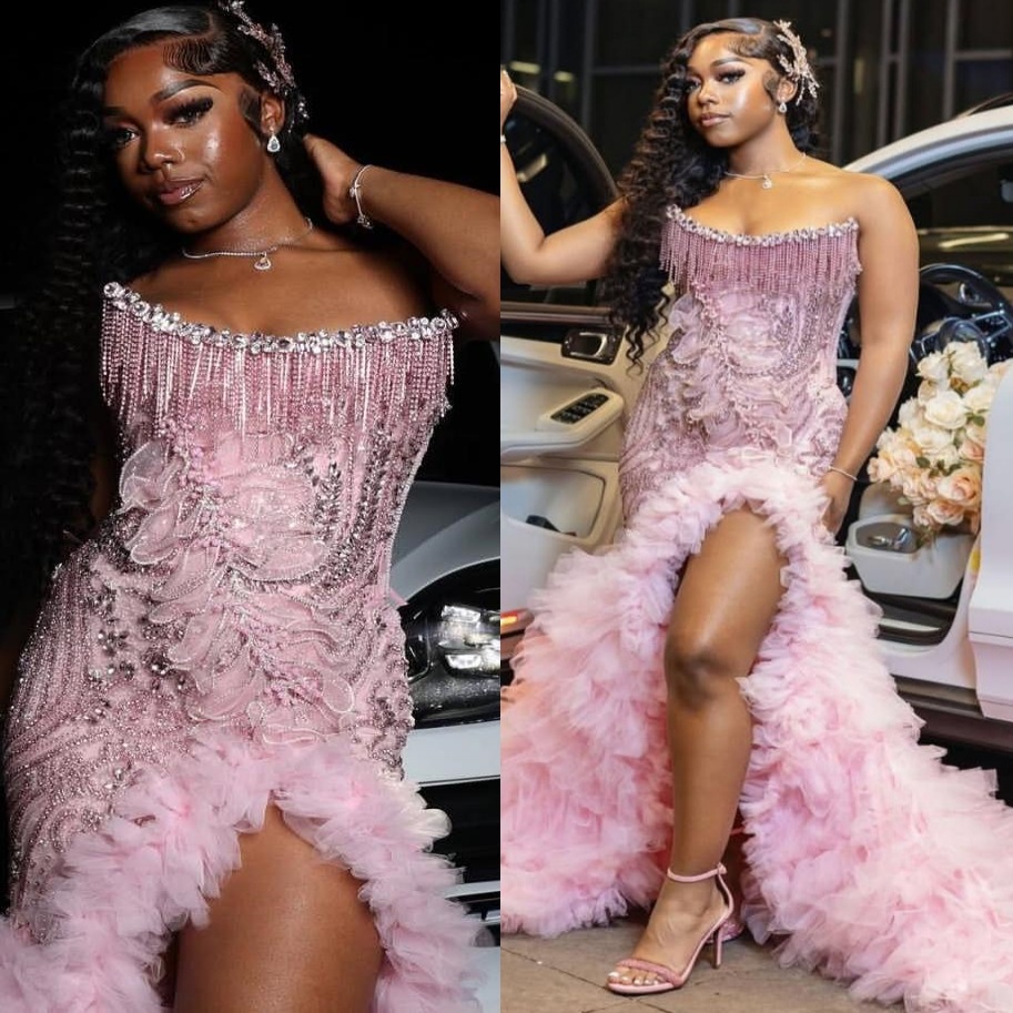 Pink Mermaid Prom Dresses 2025 Florals Crystals Tassels Tiers Tulle Evening Formal Party Second Birthday Engagement Gowns Plus Size Dress For Special 
