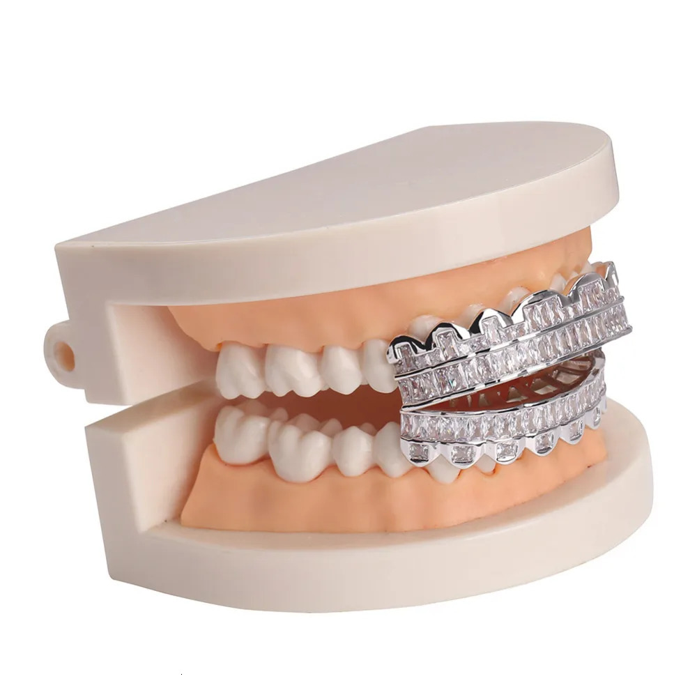 JINAO Plated HIP HOP Teeth Top Bottom Grills Set With silicone Shiny Grill Sets Bling Cubic Zircon 250606