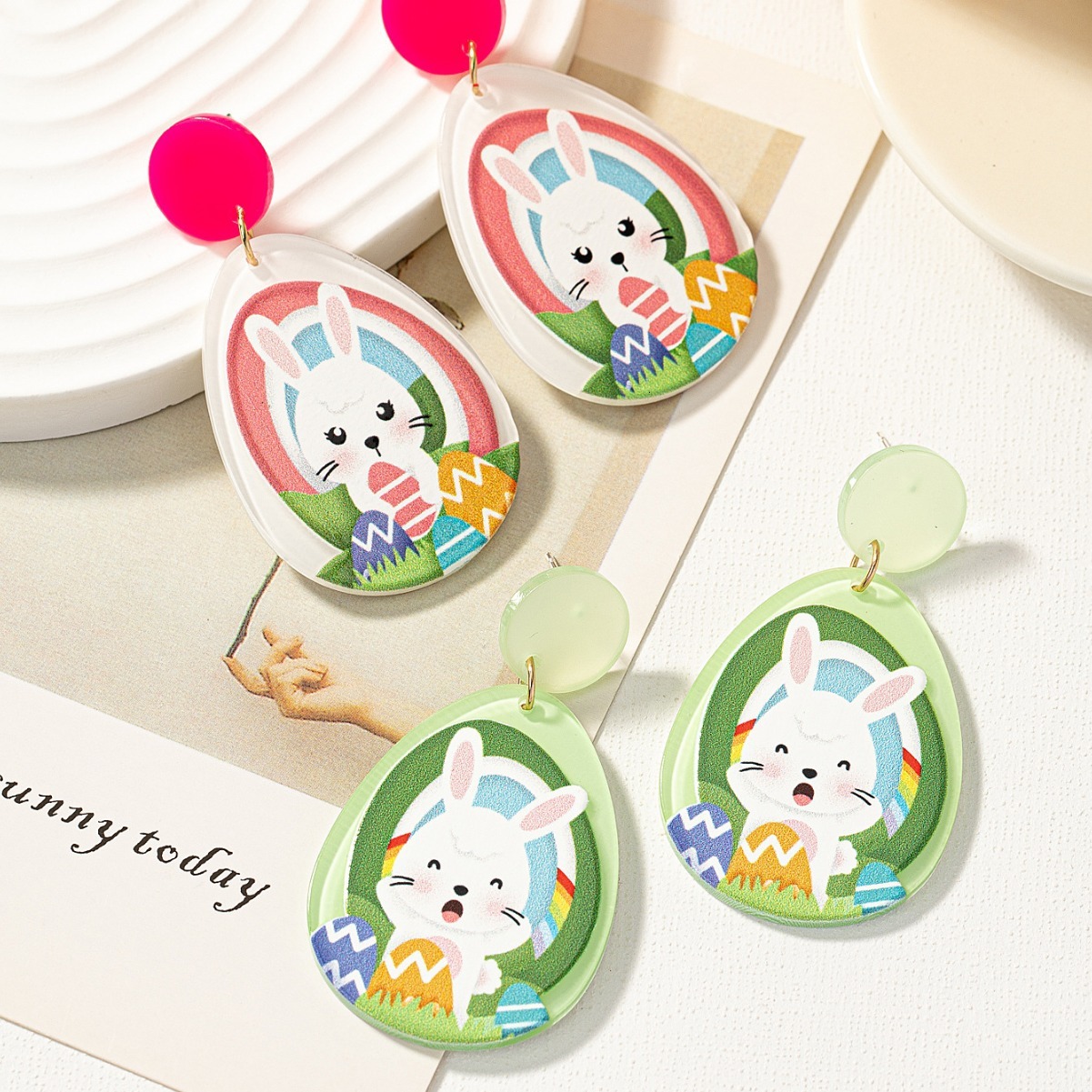 New Easter Acrylic Sheet Printed Colorful Bunny Egg Earrings