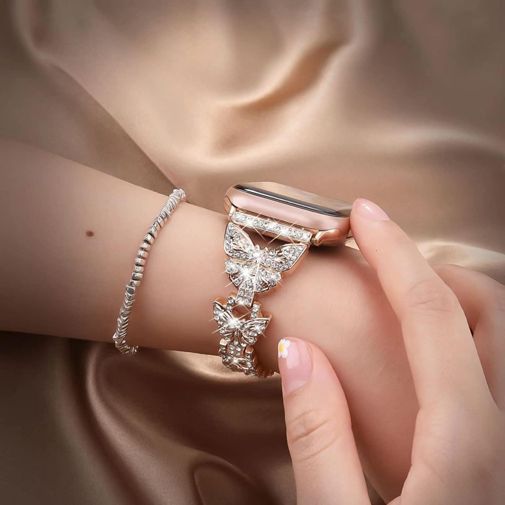 Luxury High End New Arrival Small Butterfly Metal Diamond Inlaid Watch Straps for All Series of Apple iWatch