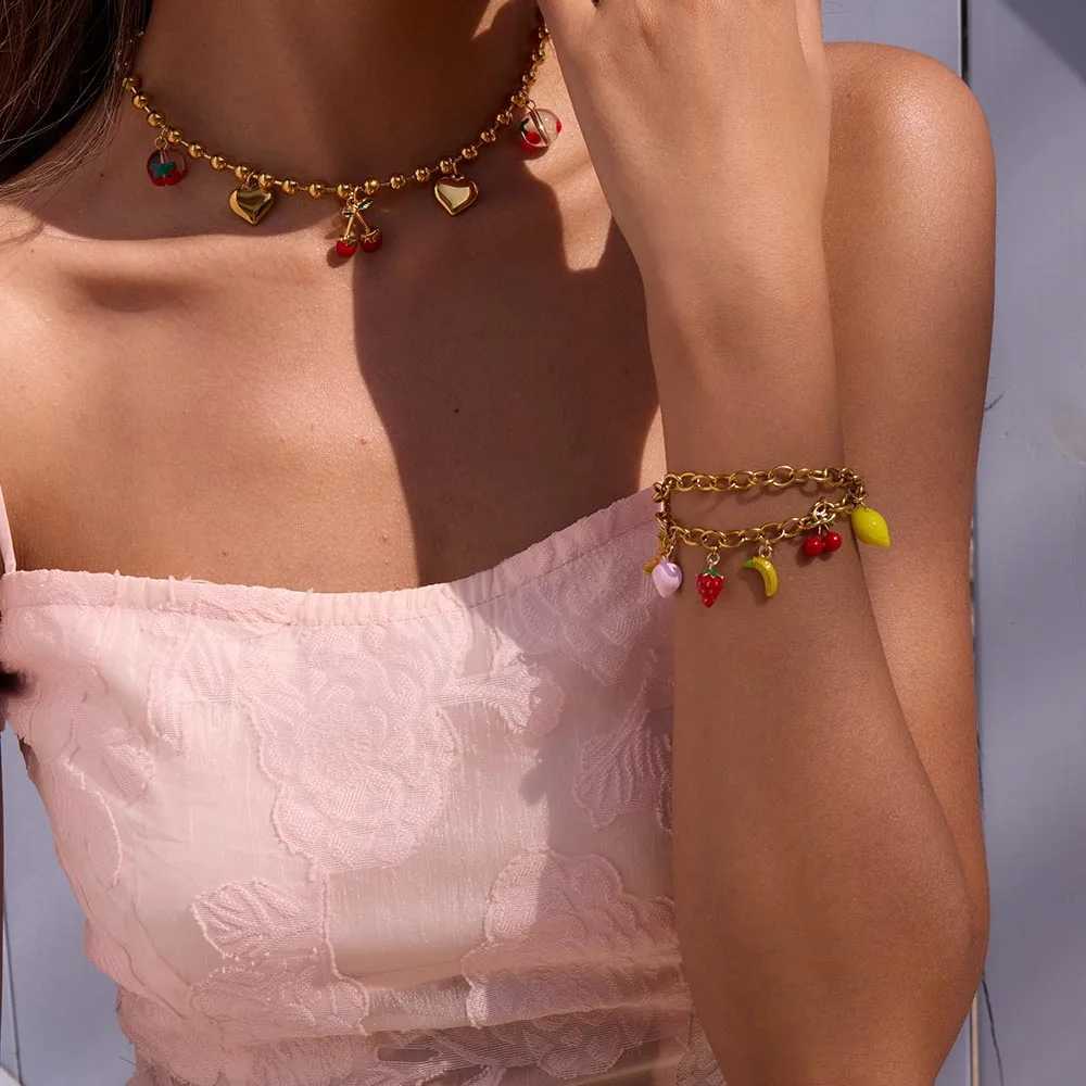 Uworld 18K Gold Color Plated Stainless Steel Shaped Acrylic Pearl and Fruit Pendant Bracelet Stackable Watermelon Bracelet X250625