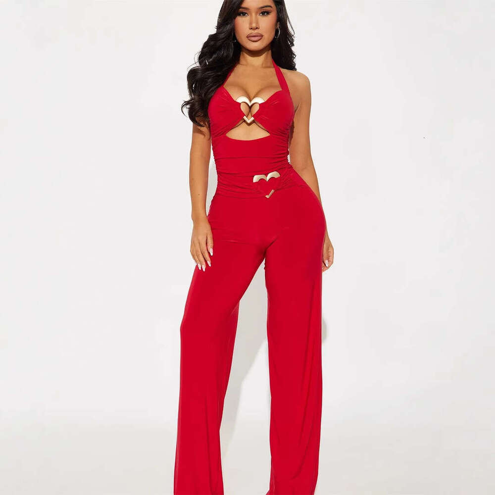 New Fashionable Elegant Slim Sexy Solid Color Hollow Metal Strap Backless Jumpsuit B5