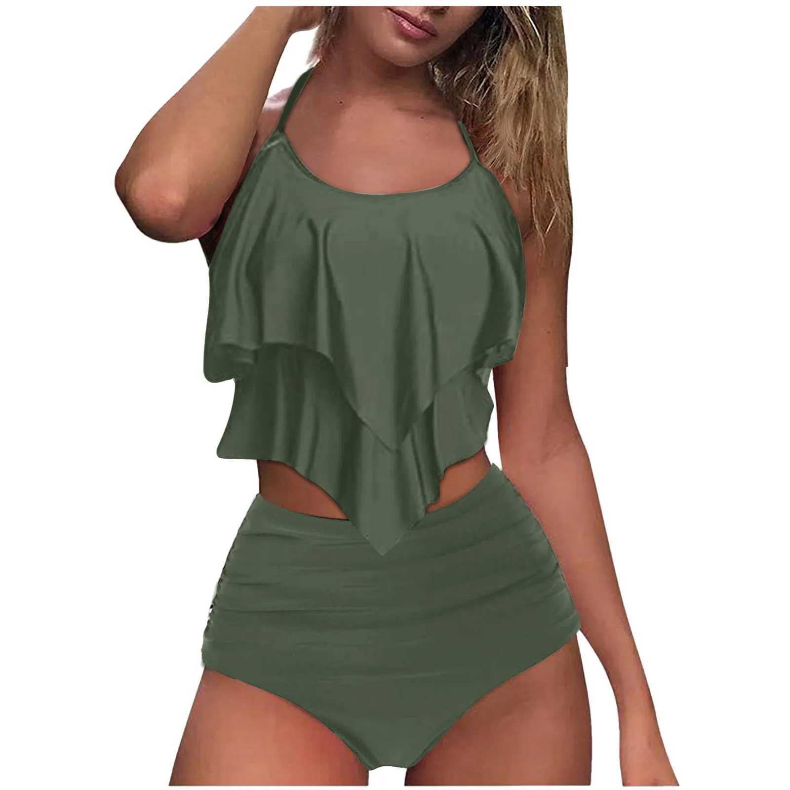 Customizable Womens Two-Piece High Waist Swimsuit Womens High Waist Ruffled Split Bikini XJ250624