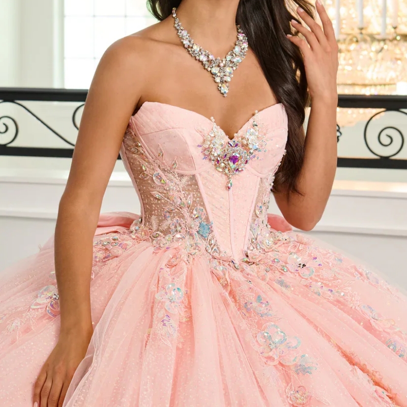 Pink Glitter Quinceanera Dresses Ball Gown Lace Applique Beaded Bow Tull Mexican Sweet 16 Dress Vestido De 15 Anos