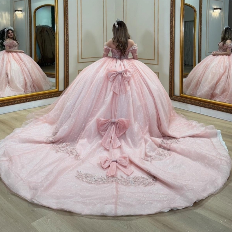 Pink Shiny Quinceanera Dresses Ball Gown Off The Shoulder Applique Bow Beading Crystal Tull Corset Sweet 16 Dress Vestidos 15 Anos