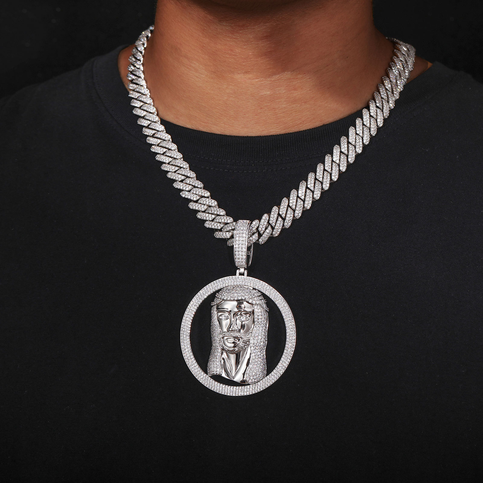 Hip Hop Full 5A Zircons circle Jesus Face Pendant Necklace Men Religious Jewelry