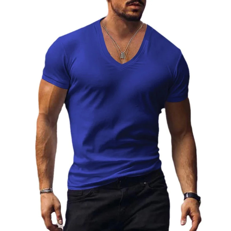 Summer Mens T Shirt Tee Top V-neck Solid Color Slim-fitting Thin Casual Elastic Tee Tops T-Shirts 250625