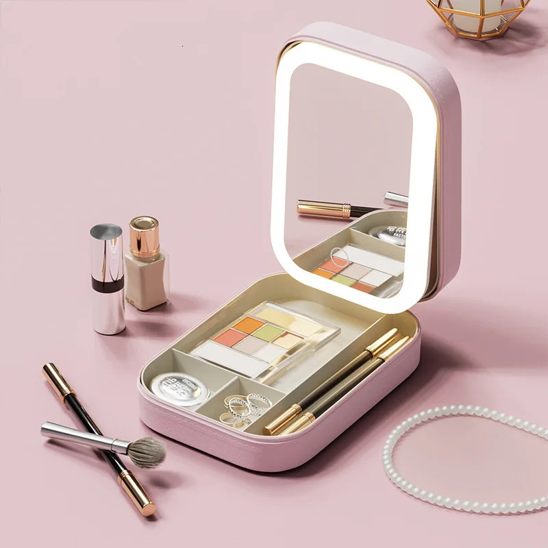 Hand mirror Portable Dual-Use Jewelry Box LED Vanity Mirror Folding Travel Cosmetic Organizer Premium Travel Companion 250625