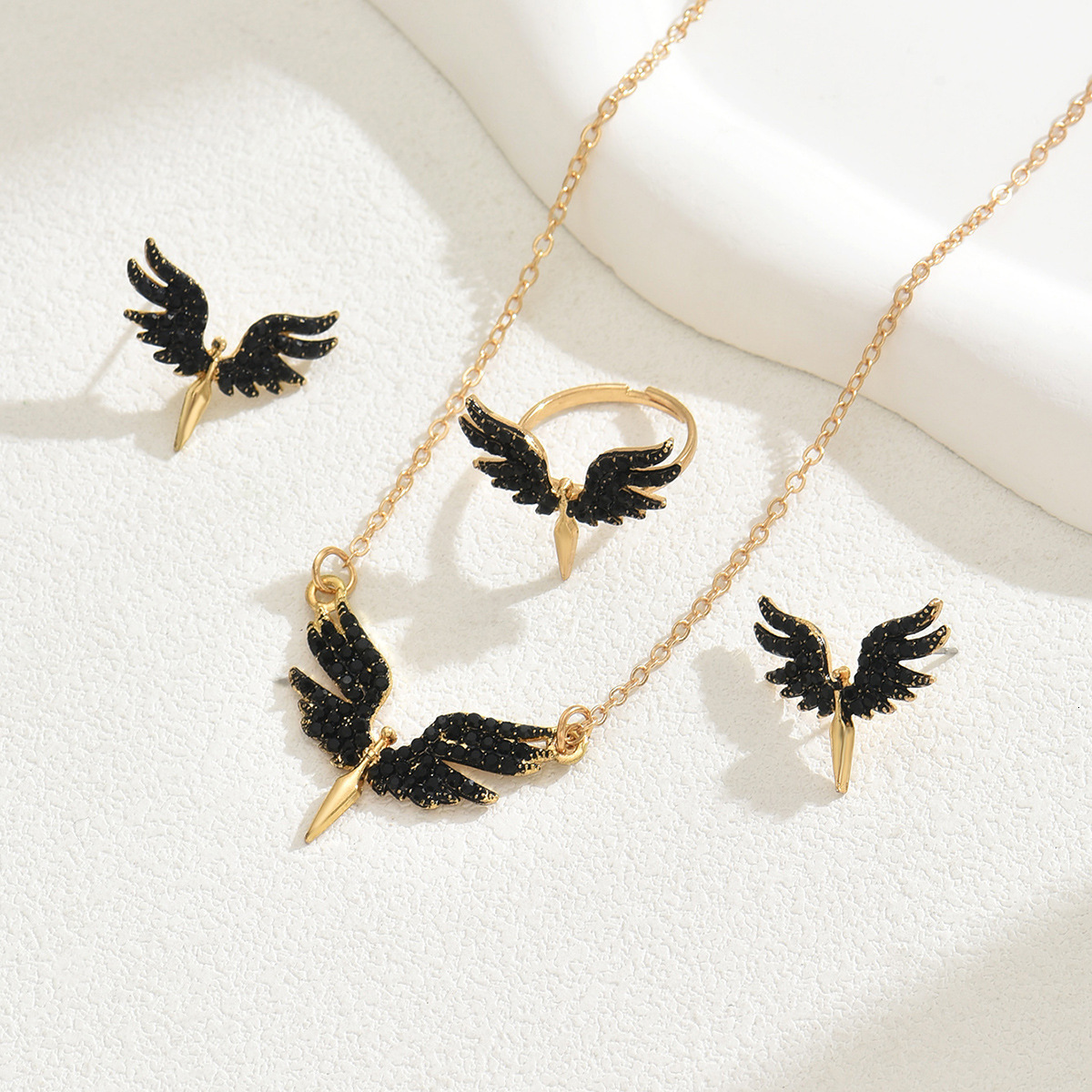 Fashion Women S Ring Set With Unique Angel Wings Oil Drop Design Earrings And Long Necklace