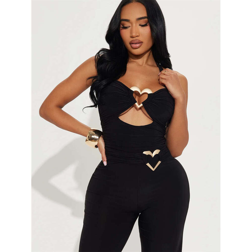 New Fashionable Elegant Slim Sexy Solid Color Hollow Metal Strap Backless Jumpsuit B5