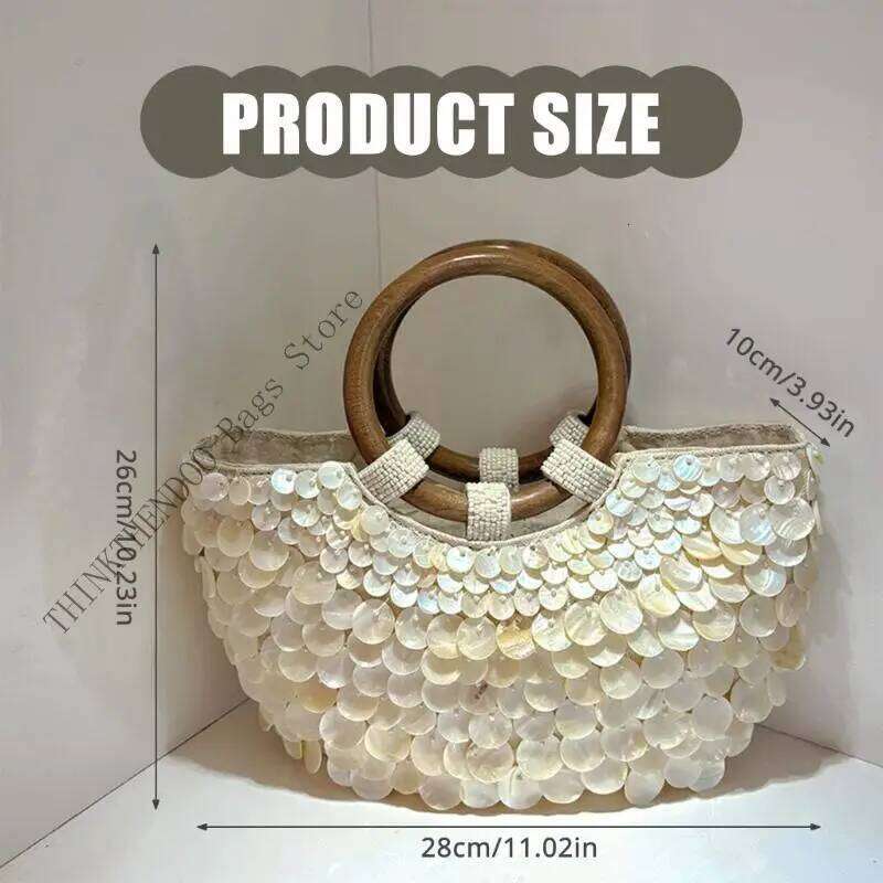 Handmade Shell Beach Bag With Wooden Handle Bohemian Vacation Handbag For Women Summer Travel And Evening Event