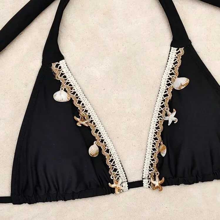 Bikini solid color lace-up shell pendant sexy bikini split swimsuit 2025 newXJ250624