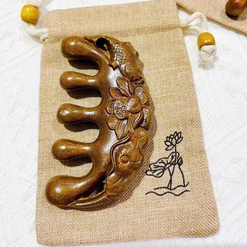 Golden Sandalwood Massage Wooden Comb Head Meridian Comb Health Care Massager Tool Lotus Leaf Fish Massage Comb Head Therapy 250625