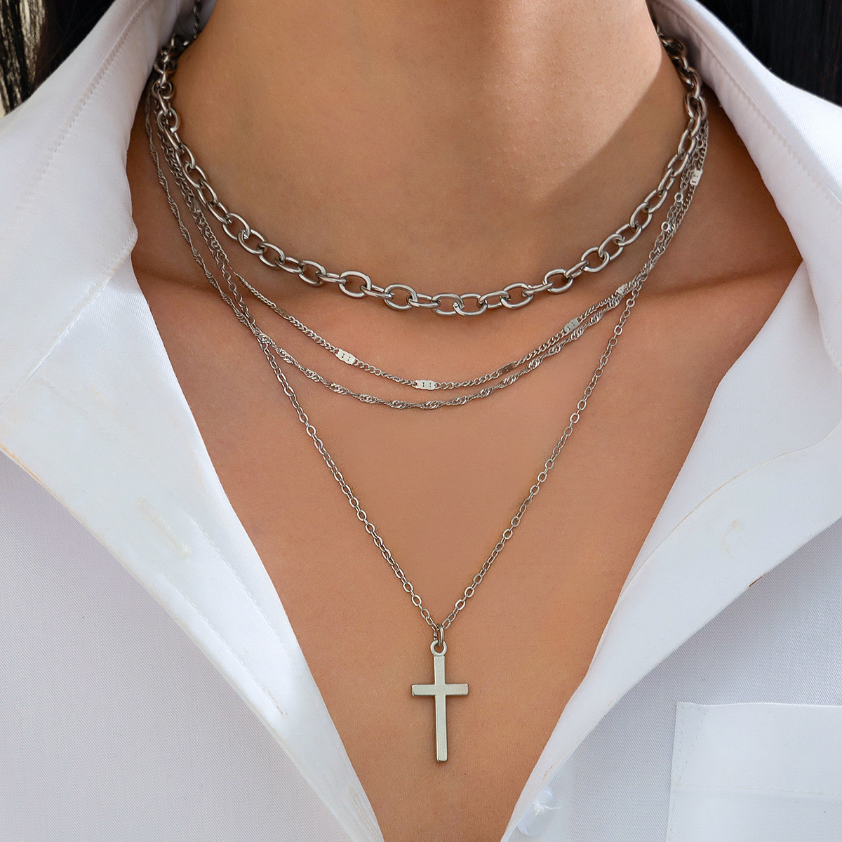 Hip Hop Ins Style Cross Pendant for Women Simple Crystal Personality Sweater Chain Necklace