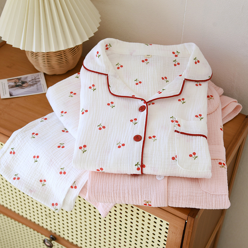 Factory direct sales of new spring and autumn styles of cherry bubble cotton pajamas for women, long sleeved pants, lapel cute home clothing sets
