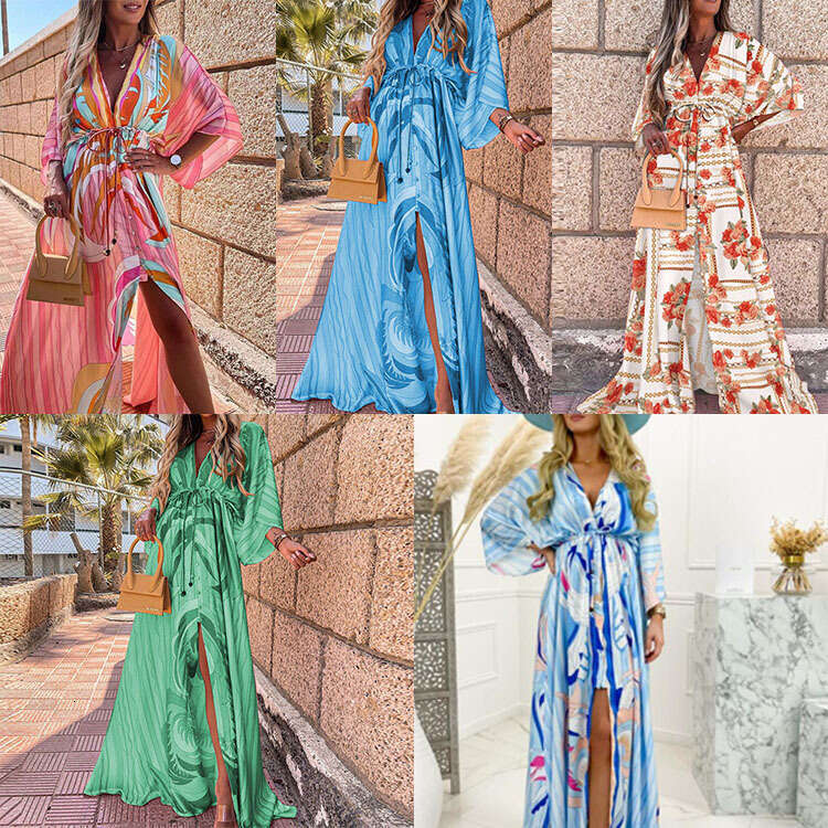Women's Fashion Spring New Printed Loose Tie Elegant Flared Dress B5