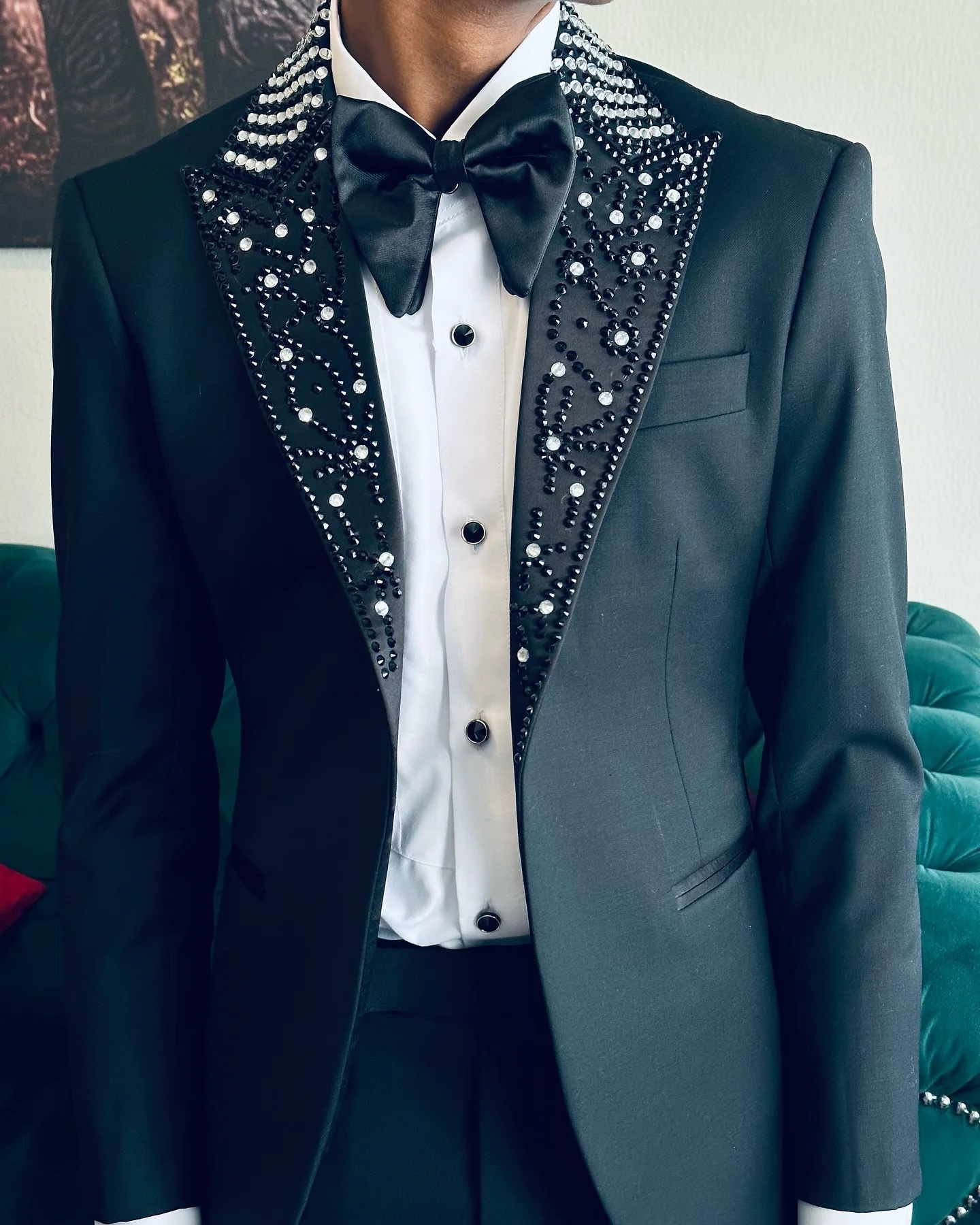 Fashion Men Suits Tailor-Made 2 Pieces Set Beaded Shawl Lapel Jacket Evening Party Rhinestone Blazer One-Button Groom Customized Coat Pants Plus Size