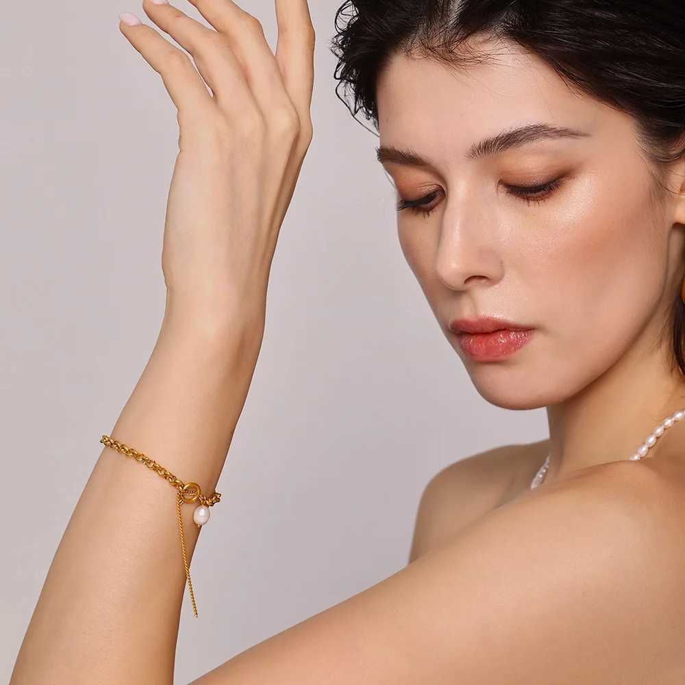 Chic Niche Chain Link Gold Plated Bracelet For Women Stainless Steel Pearl Pendant Bangle Vintage Luxury Charm Jewelry X250625