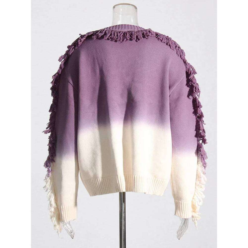 TWOTWINSTYLE Ombre Casual Sweaters For Women O Neck Long Sleeve Patchwork Tassel Temperament Loose Sweater Female Fashion Style