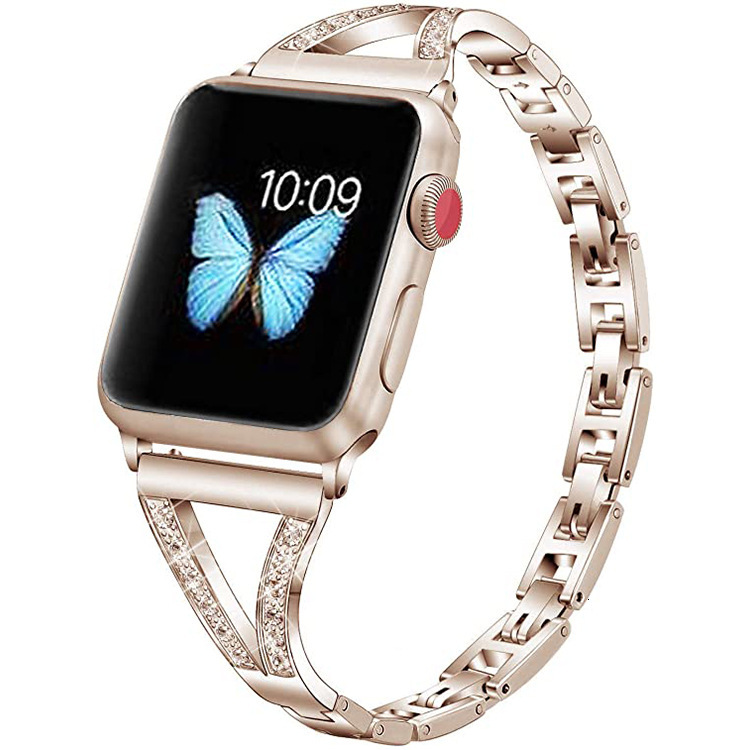 Luxury Premium Herringbone Rhinestone Stainless Steel iWatch Band High-End Elegant Bling Strap for Apple Watch Series 1-10