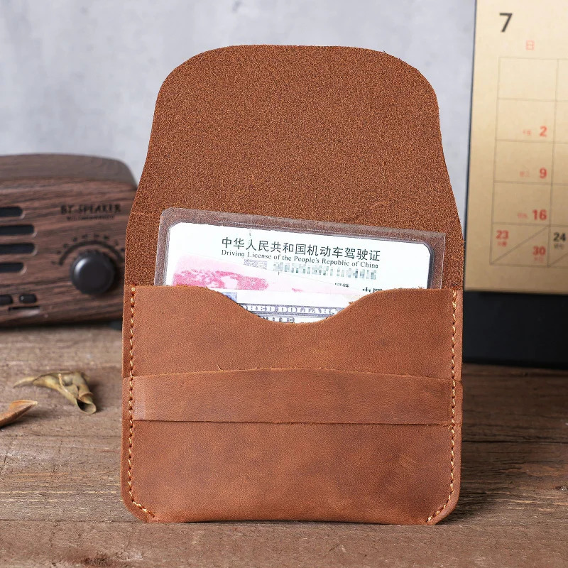 Simple Genuine Leather Card Holder Creative Retro Casual Mini Purse Wallet Crazy Horse Leather Small Business Cards Storage Case 250624