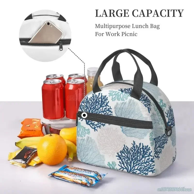 Summer Coastal Coral Branch Thermal Insulated Lunch Box for Work School Picnic Beach Food Bags Women Resuable Cooler Bento Bag 250624