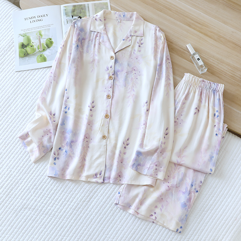 In stock women's spring and summer new items, cotton satin pajamas, elegant forest print, long sleeved straight leg pants, home wear