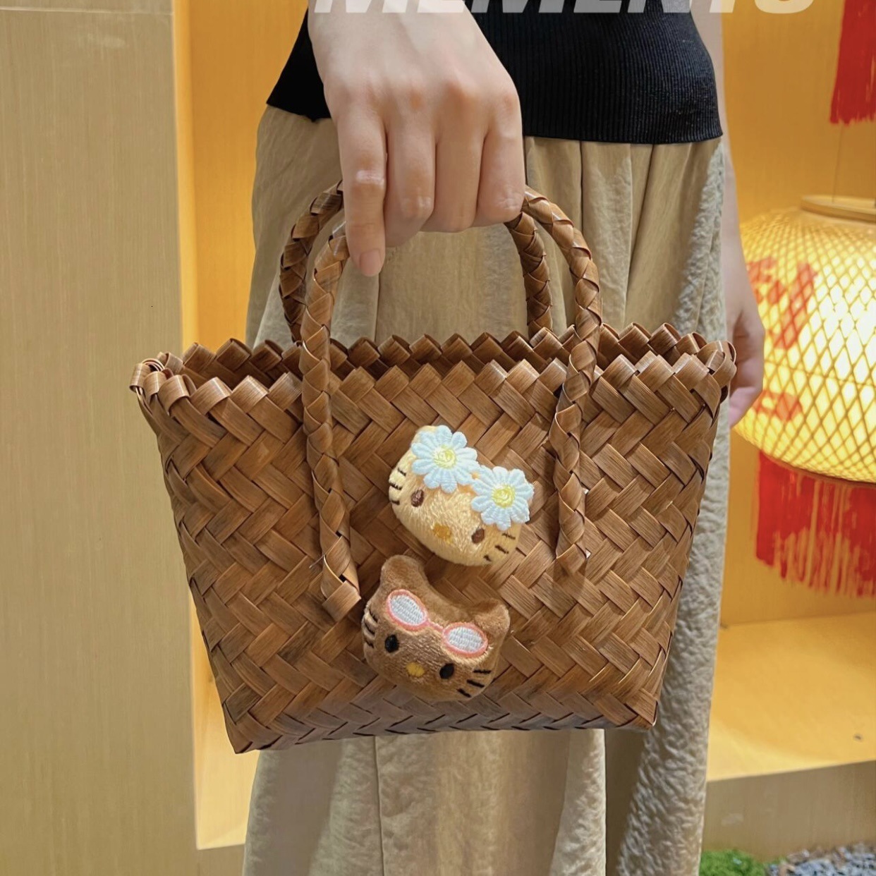 Free Shipping 2025 New Designer Bag High-end Beach Bag Custom Summer Cat Imitation Rattan Handmade Cute Basket Thick Handbag For Women