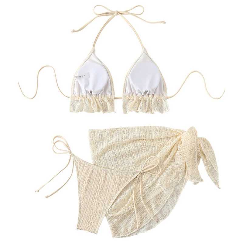 Lace Swimsuit Set With Sarong Bikini Inspired Womens Swimwear Beachwear Bathing Suit Vacay Outfit Biquini XJ250624
