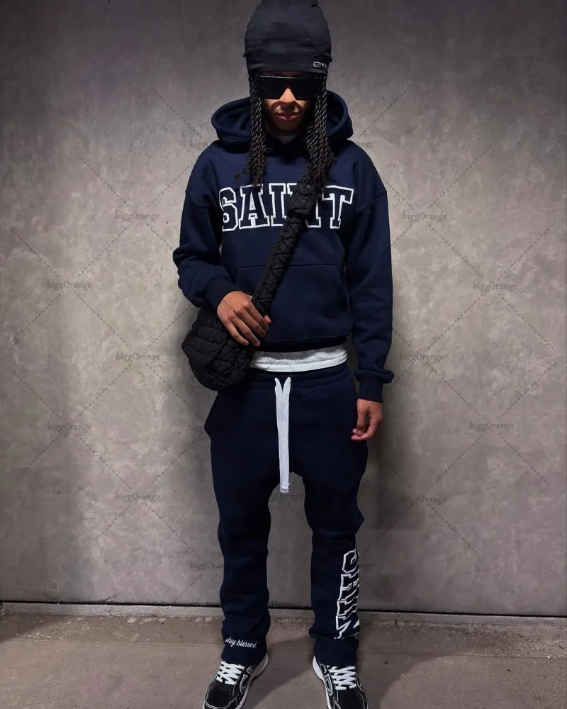 High Street Trendy Retro Letter Print Mens Sportswear Set HipHop Punk Streetwear Hoodie Women Harajuku Casual Loose Sweatpants 250618