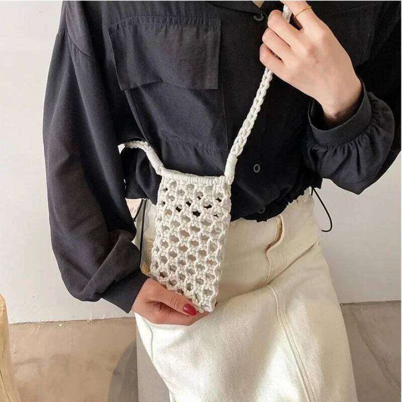 Women Fashion Small Phone Bag Solid Color Hollow-Out Woven Crochet Lightweight Braided Shoulder Handbag Crossbody Bags