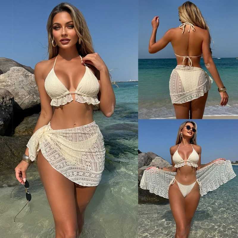 Lace Swimsuit Set With Sarong Bikini Inspired Womens Swimwear Beachwear Bathing Suit Vacay Outfit Biquini XJ250624