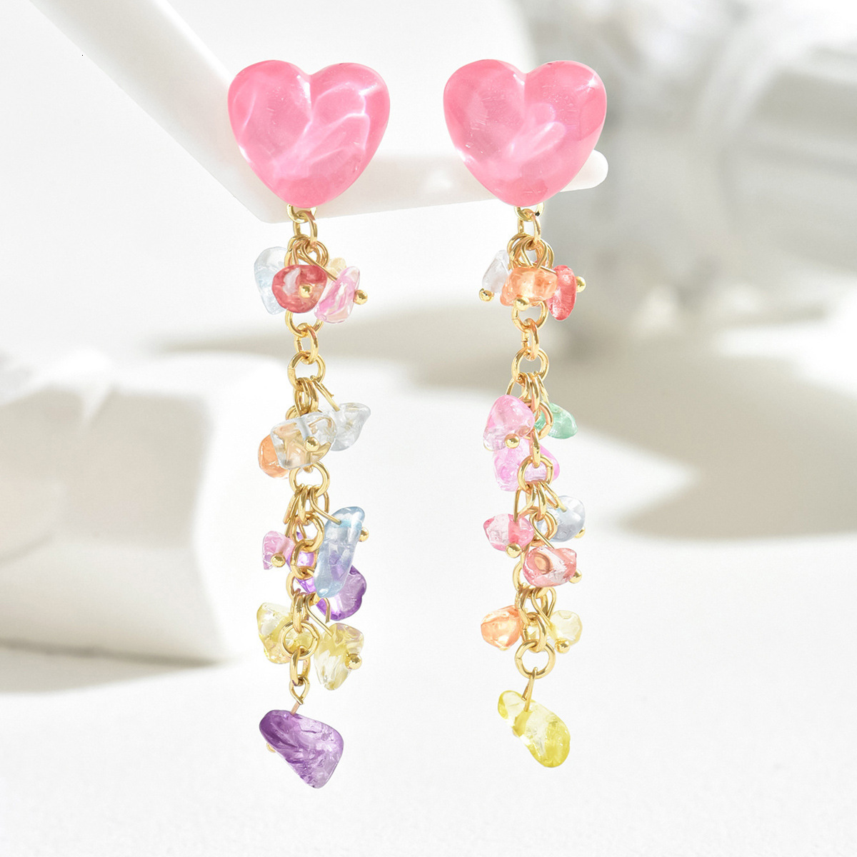 Forest Style Fresh Sweet Japanese And Korean Heart For Women Simple Corful Crystal Inlaid Tassel Stud Earrings