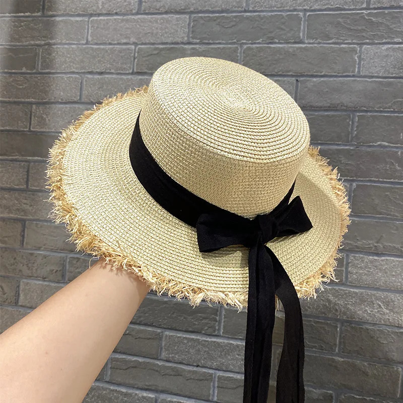 Womens casual ribbon straw hat Vintage tassel sun hats Visor cap for cycling fishing travel outdoor Sun girls 250624