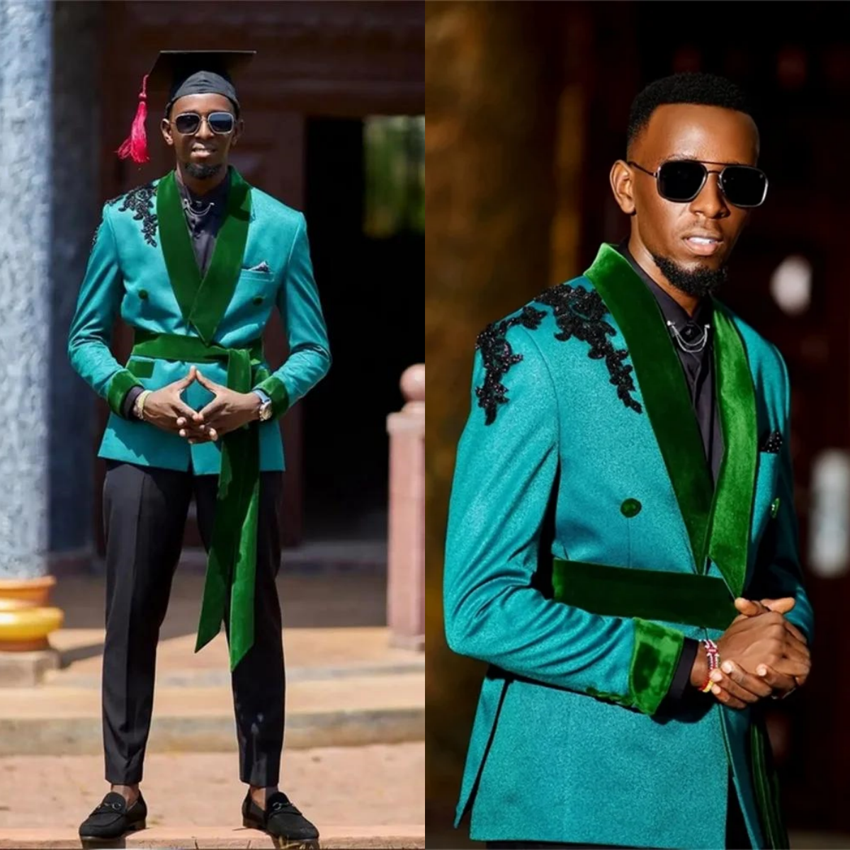 Vintage Men Suits Tailor-Made 2 Pieces Set Appliques Shawl Lapel Jacket with Belt Rhinestone Blazer Groom Customized Coat Pants Plus Size