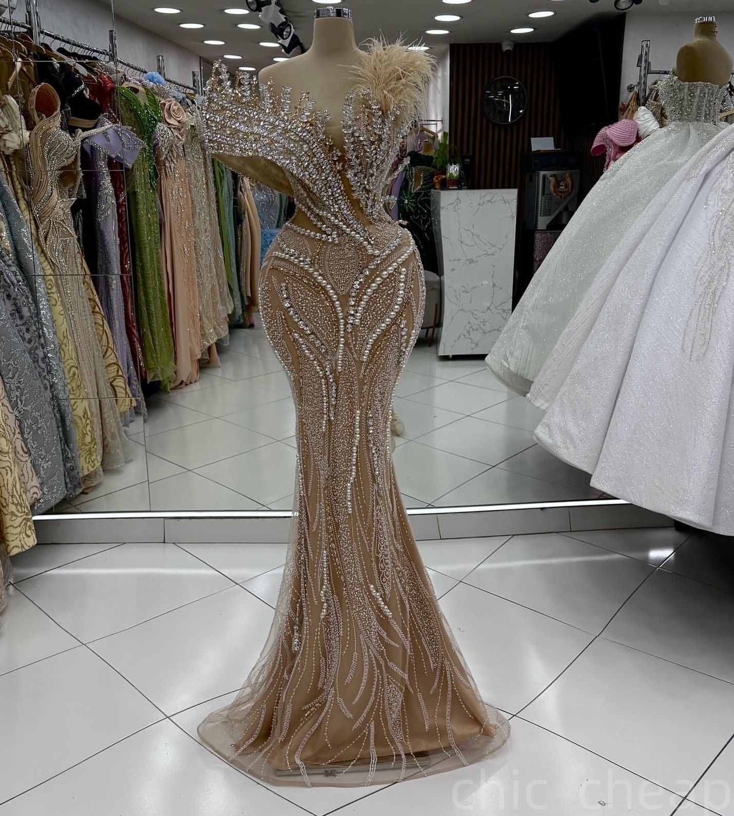 Champagne Mermaid Prom Dresses 2025 Illusion Crystals Feather Evening Formal Party Second Birthday Engagement Gowns Plus Size Dress For Special Occasi