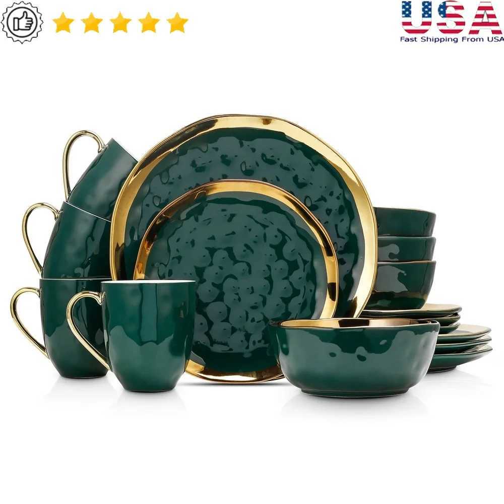 16 Piece Porcelain Dinnerware Set Service 4 Dishwasher Safe Elegant Plates Bowls Mugs Green Gold Rim Kitchen Table Set l250625
