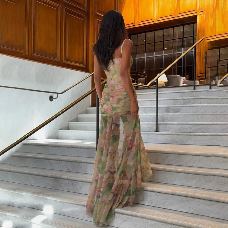 Cryptographic Elegant Floral Print Sheer Dress for Women Birthday Club Party Outfits Ruched Sexy Split Long Dresses Coquette 250616