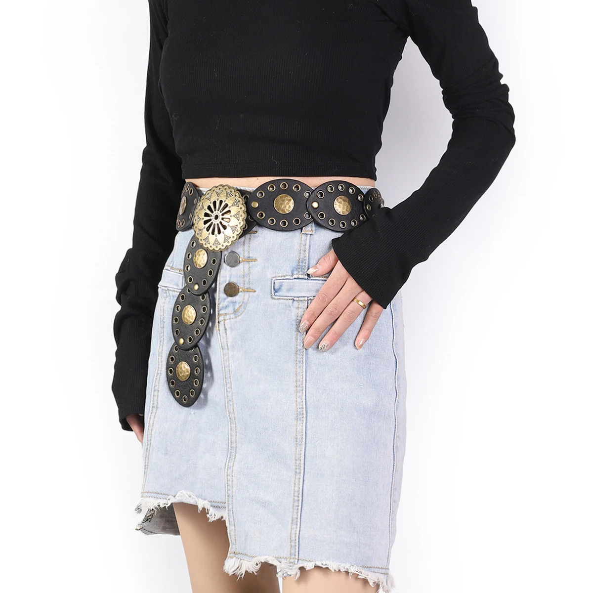 retro western cowboy belt personality round hollow metal wide belt for women 250618