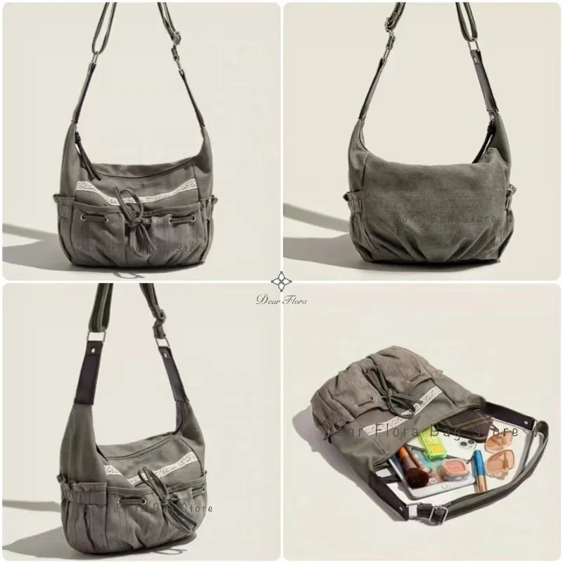 Cute Sweet Girl Bow Canvas Crossbody Bag Women Vintage Casual Shoulder Bags Ladies Retro Messenger Bag Showy Handbag Chic Purses 250624