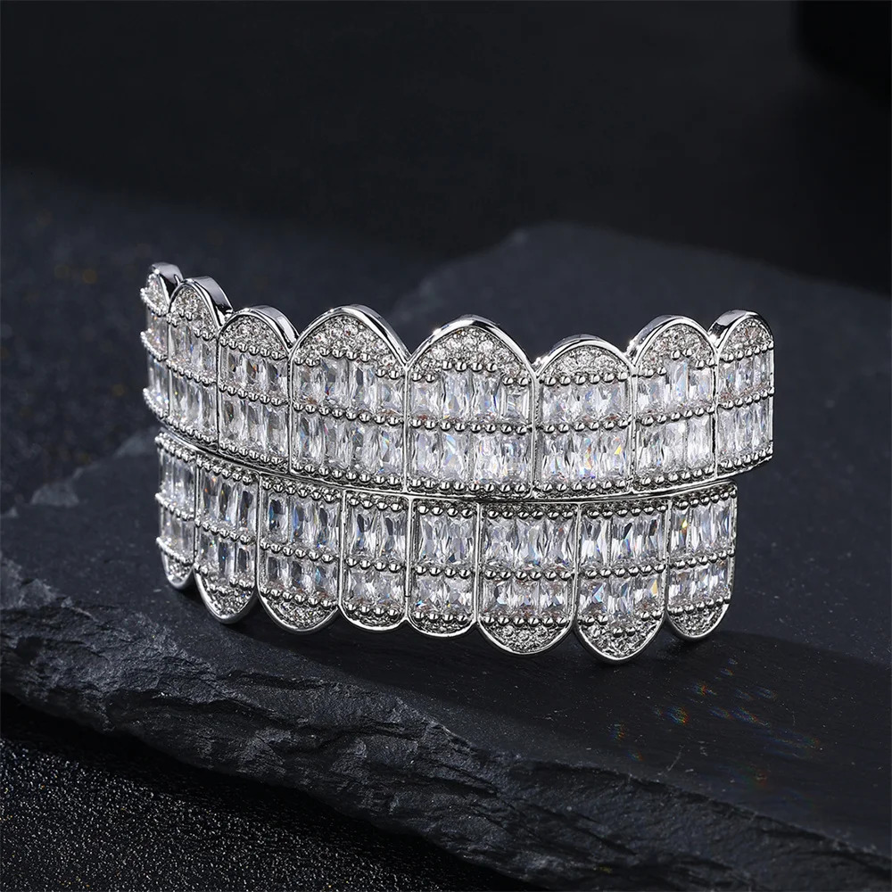 D Z Baguette Set Teeth Top Bottom Gold Plated Hip Hop Fashion Rapper Jewelry Punk Party Gift for Men Women Gifts 250606