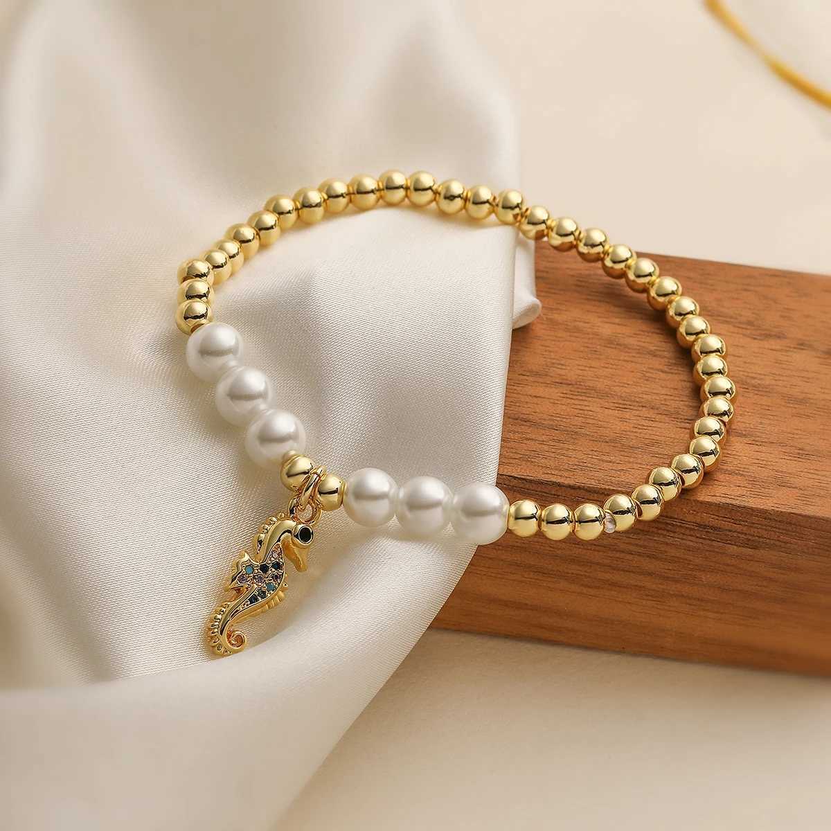 Non-Fading Gold Color Beads Chain Bracelets Moon Cute Charm Pearl Jewelry Fem X250625