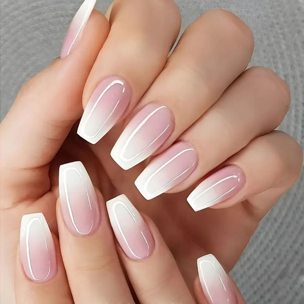 24pcs Gradient Fake Nails French Ballerina Nail Waterproof Faux Medium Coffin false nails Fingernails Press on Nails Tips 250625