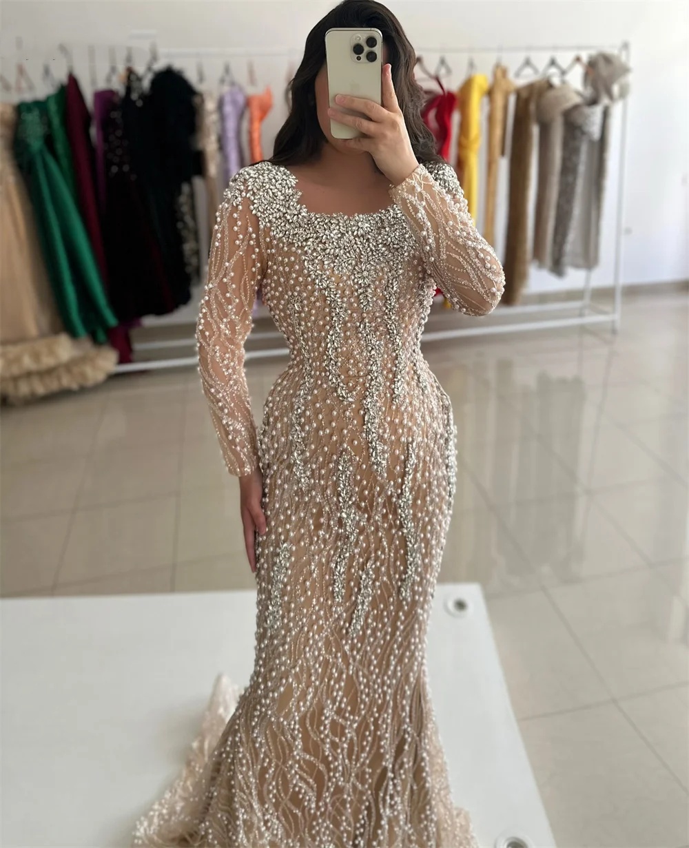 Elegant Crystal Wedding Dresses Pearls Beading Bridal Gowns Sequins Mermaid Long Sleeves Customized Bride Vestidos De Novia Plus Size