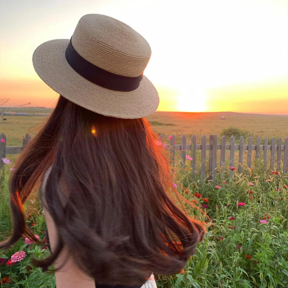 French Style Fashion Flat Top Straw Cap Retro Temperament Beach Sun Hat Travel Pography Props 250624