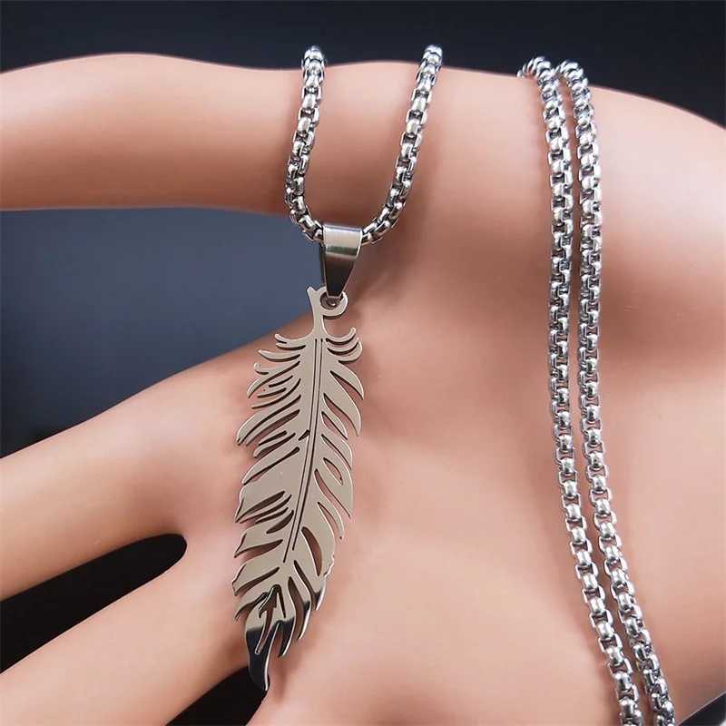 Boho Feather Pendant Male Necklace for Women Men StainlESS Steel Silver Color Chain Jewelry Gift collar hombre N3393S01 V250625